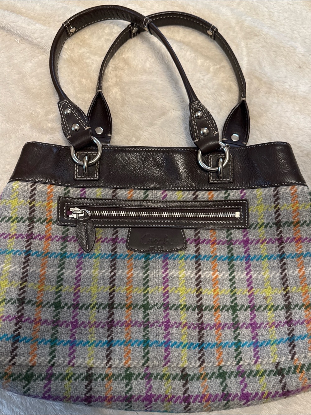Coach Plaid Wool Tote with Dark Brown Leather Trim